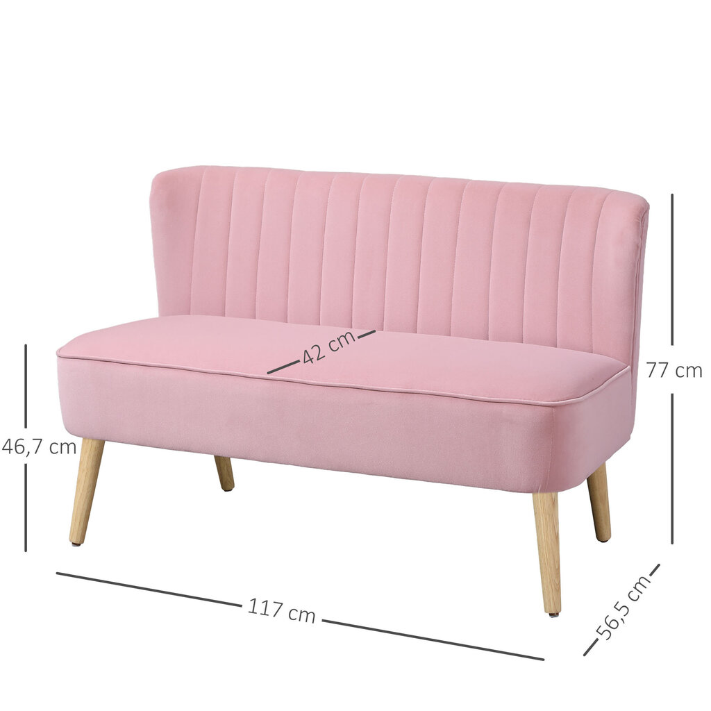 HOMCOM 2-kohaline riidest diivan Pehmendusega diivan, kahekordne diivan, istumismööbel, lounge diivan, puit, vahtpolster, sametne polüester, roosa, 117 x 56,5 x 77 cm hind ja info | Diivanid ja diivanvoodid | kaup24.ee