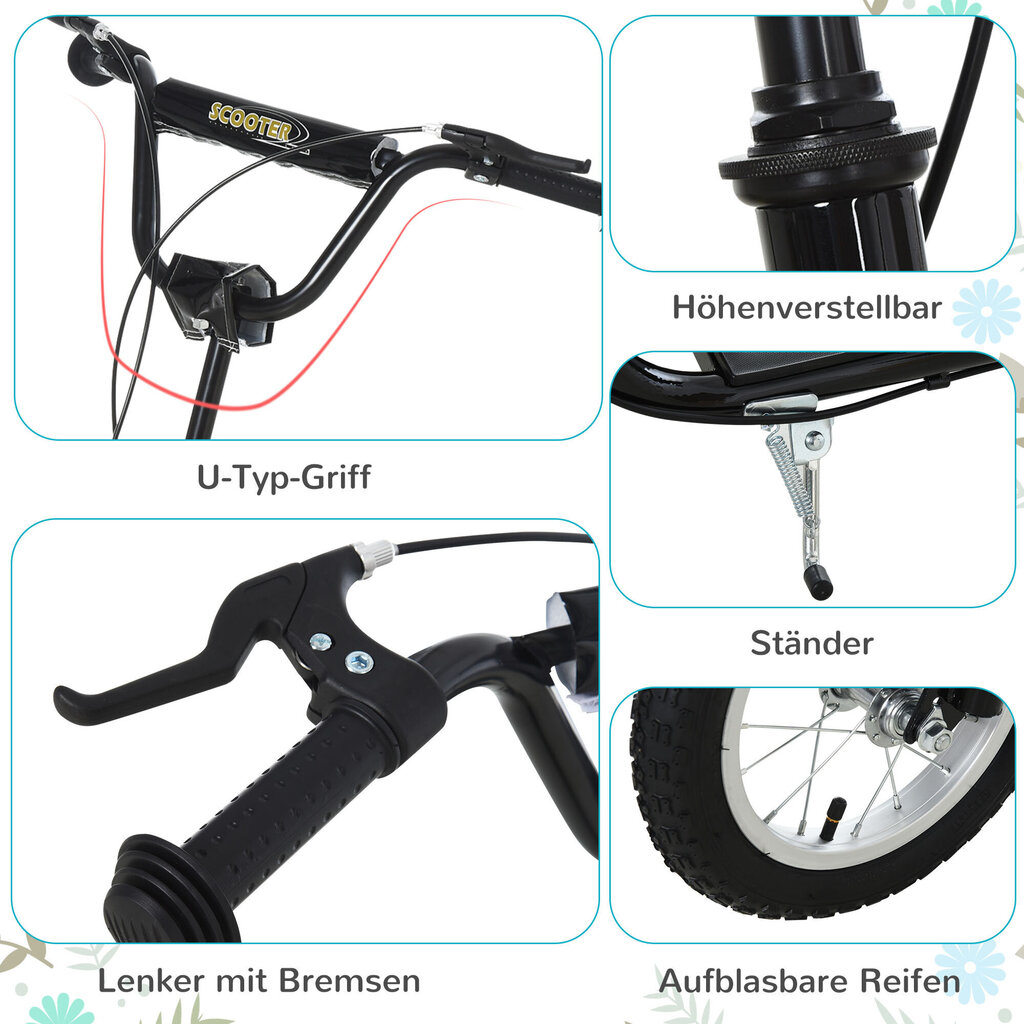 HOMCOM Laste roller alates 5 aastat Roller Laste roller Pedal roller City roller Pneumaatilised rehvid 12 tolline kummi Alumiinium Must 120x58x85-95cm цена и информация | Tõukerattad | kaup24.ee