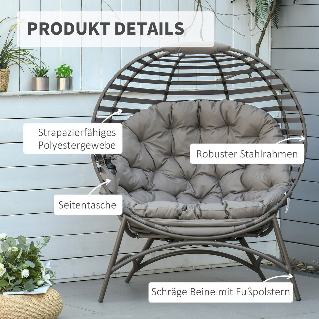 Outsunny papasan aiatool 2 korvi padjad ovaalne lamamistool kokkupandav rõdu terrass liiv pruun teras 118x75x139cm terasest hind ja info | Aiatoolid | kaup24.ee