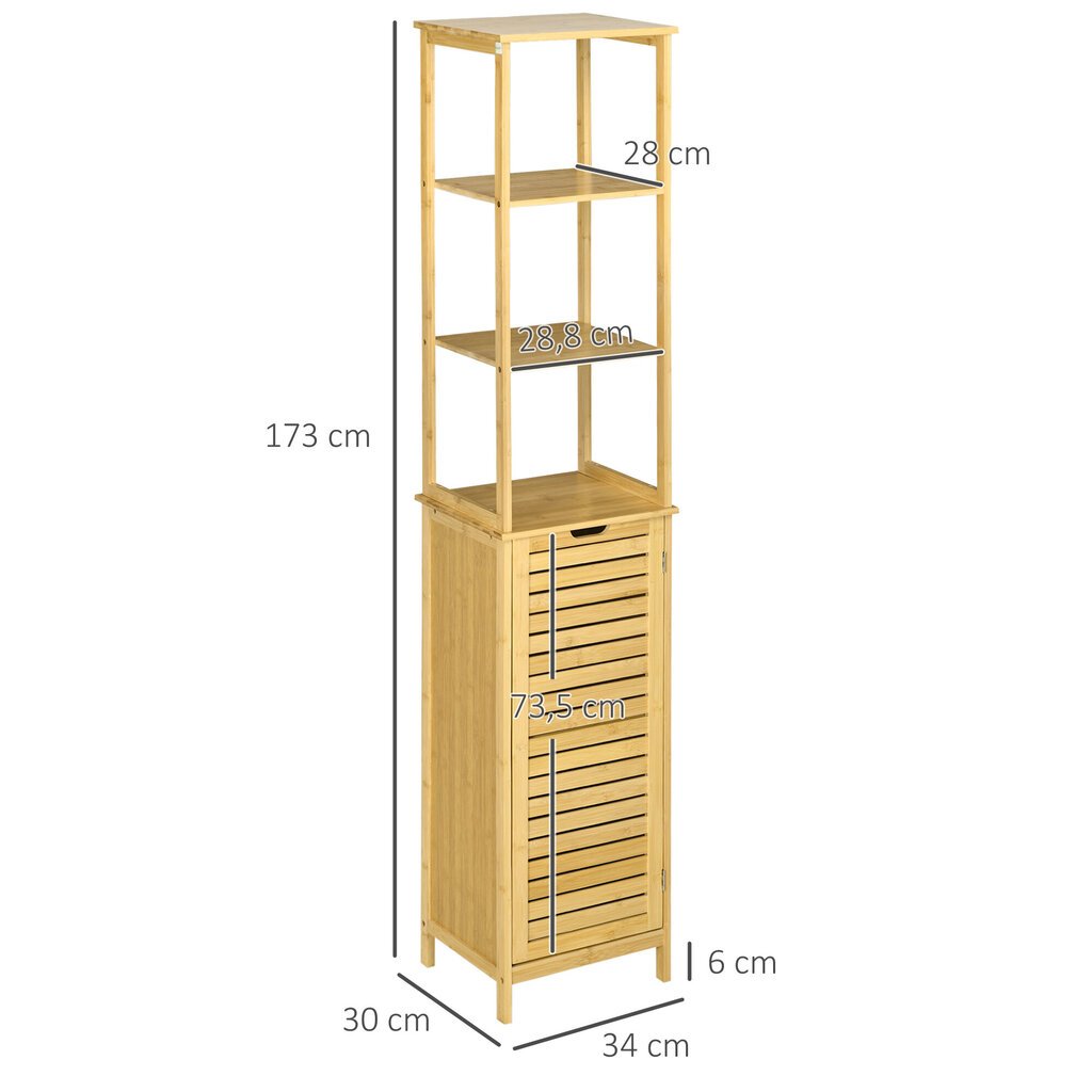 kleankin vannitoakapp Vannitoakapp 3 lahtise sektsiooni ja 1 kapiga, vannitoamööbel Vabalt seisev kõrge kapp vannitubadesse, väikestesse ruumidesse, naturaalne 34 x 30 x 173 cm цена и информация | Vannitoakapid | kaup24.ee