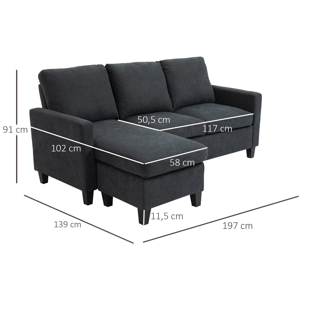 HOMCOM nurgadiivan kangast diivan nurgas diivan komplekt pööratav chaise longue L-kujuline tumehall 197x139x91cm цена и информация | Diivanid ja diivanvoodid | kaup24.ee