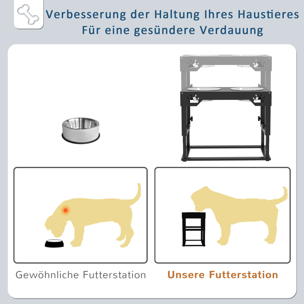 PawHut Raised feeding station 1 liitrine söödakaussi, reguleeritava kõrgusega roostevabast terasest koerakauss, 2 kaussi, must цена и информация | Toidukausid loomadele | kaup24.ee