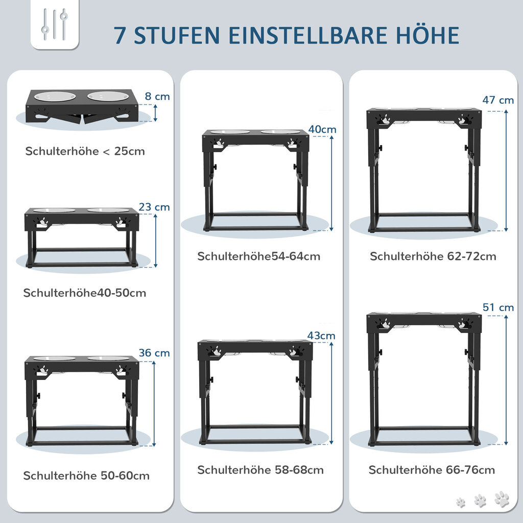 PawHut Raised feeding station 1 liitrine söödakaussi, reguleeritava kõrgusega roostevabast terasest koerakauss, 2 kaussi, must цена и информация | Toidukausid loomadele | kaup24.ee