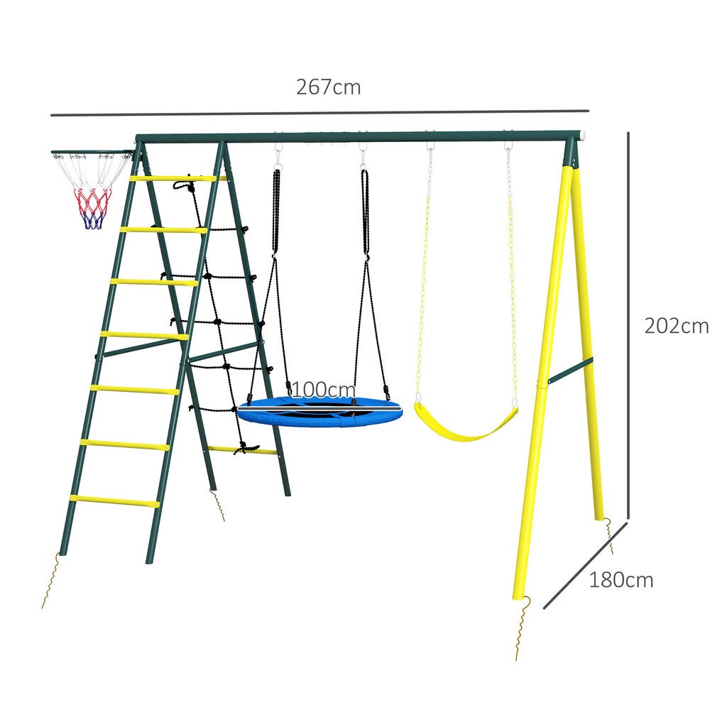 Outsunny laste kiigukomplekt 4 in 1 kiikeraam 2 kiigega, korvpalliväljak, ronimisredel, teras, kollane, 3-8 aastastele цена и информация | Liumäed, Pikleri kolmnurgad | kaup24.ee