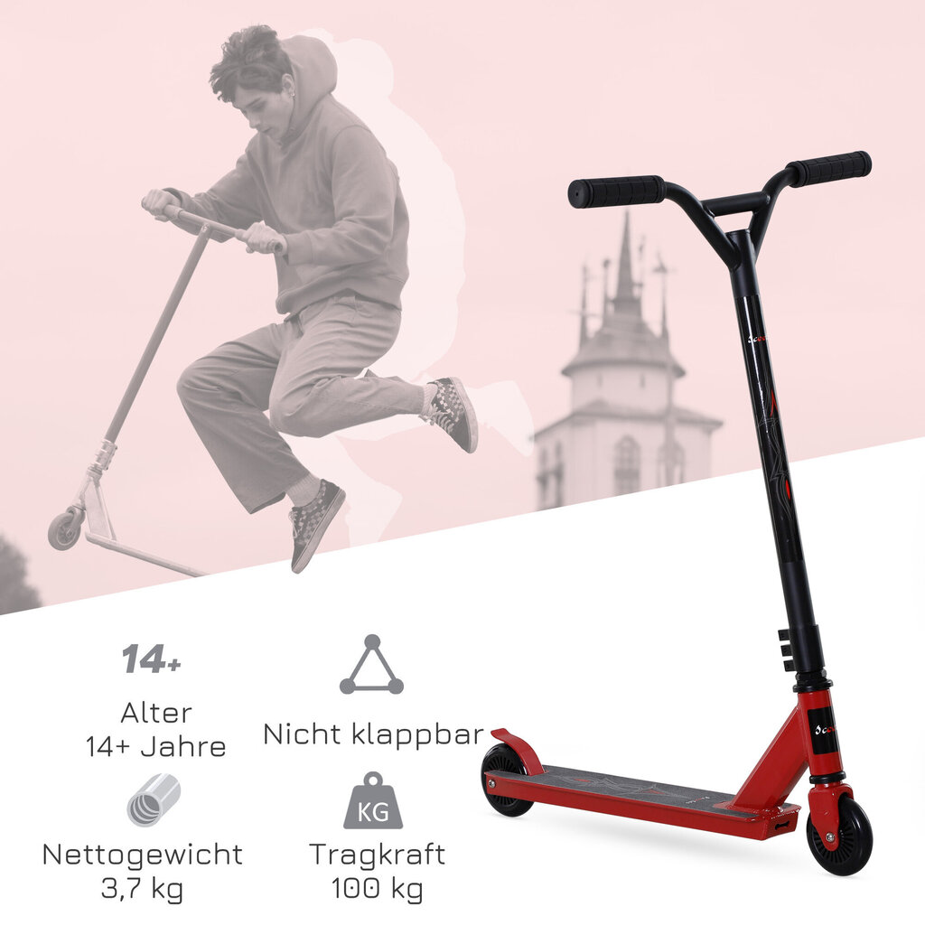 HOMCOM Pro stunt scooter pedaaliga roller freestyle trikkide tegemiseks, 100mm PU rattad, lastele ja täiskasvanutele, alumiinium, punane цена и информация | Tõukerattad | kaup24.ee