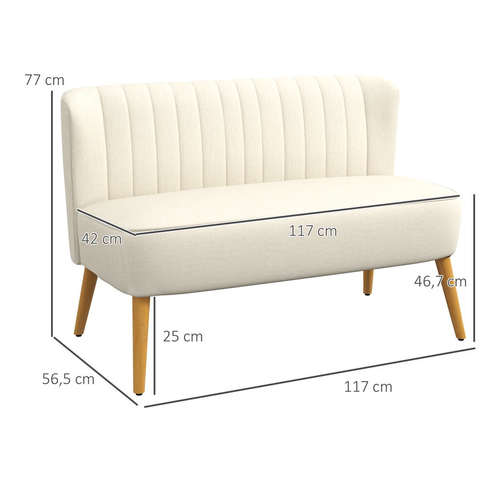 HOMCOM 2-istmeline diivan kahekohaline, linase välimusega, kahekohaline diivan puidust jalgadega, kandevõime kuni 150 kg, kreemvalge, 117 x 56,5 x 77 cm hind ja info | Diivanid ja diivanvoodid | kaup24.ee