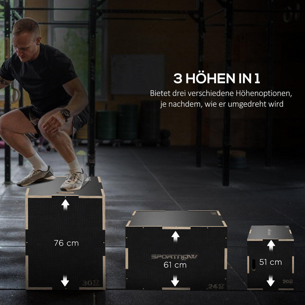 SPORTNOW hüppekarp, 3 in 1 plyo box puust käepidemega, plyomeetriline platvorm koju, jõusaali, must цена и информация | Poksivarustus | kaup24.ee