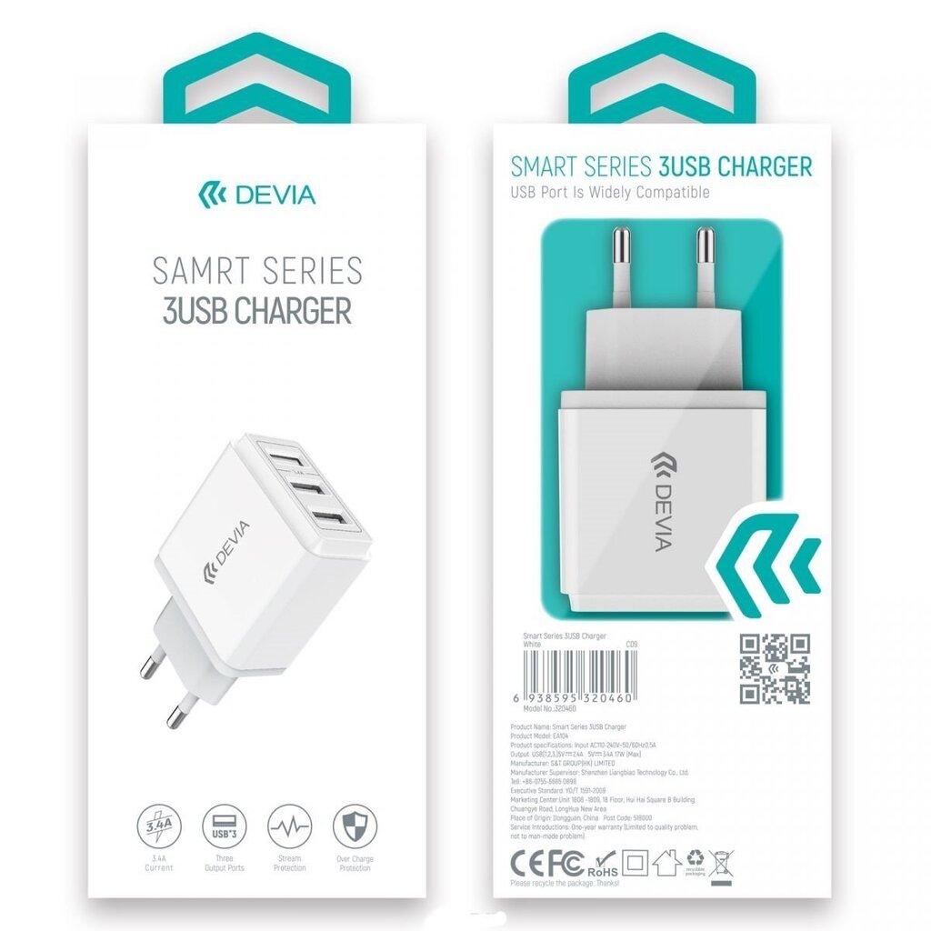 Devia Smart Series Premium Travel Charger, 3 X USB, 3.4A цена и информация | Mobiiltelefonide laadijad | kaup24.ee