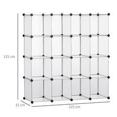 HOMCOM DIY kuubikute riiulisüsteem 16 kuubikuga, hoiukast, plastkapp, valge, 125x32x125cm hind ja info | Riiulid | kaup24.ee