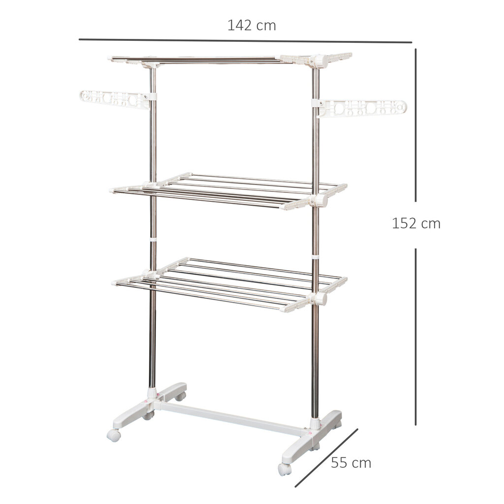 HOMCOM Mobiilne rõivaste hobune trummelkuivati 3 tasandit kokkupandav rull 80-142 x 55 x 152 cm hind ja info | Pesukuivatusrestid ja aksessuaarid | kaup24.ee