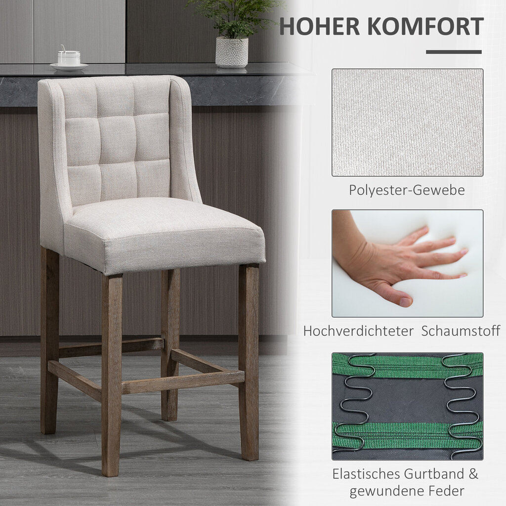 HOMCOM Baaritooli komplekt 2 moodsat köögitooli, madala seljatoega, linane, kummist puit, beež, 47x50x101cm hind ja info | Söögitoolid, baaritoolid | kaup24.ee