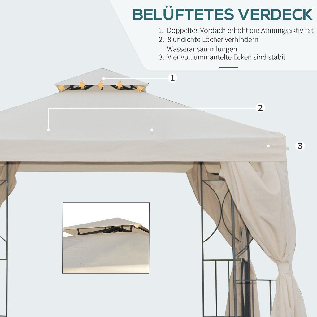 Outsunny aiamaja paviljon paviljon ca. 3 x 3 m kahekordne katus peotelk telk telk 4 x topelt külgpaneelid veekindel UV kaitse metallist polüester kreemne hind ja info | Varikatused ja aiapaviljonid | kaup24.ee