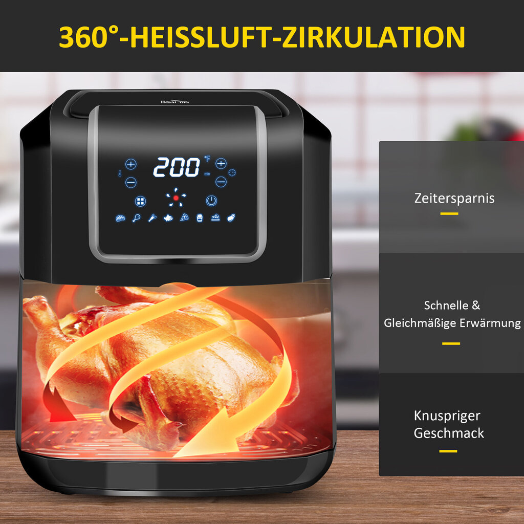 HOMCOM Kuumad õhufritüür 6,5 L 1700W 8 menüüga LED-ekraaniga Mittekleepuv korv tervislikuks õlivabaks toiduvalmistamiseks Must 36,5 x 29 x 33,8 cm цена и информация | Fritüürid, kuumaõhufritüürid | kaup24.ee