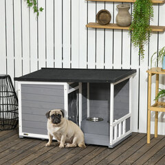 PawHut koerte kennel terrassiga kuusepuidust koeramajas, 2 kausi ja asfaldist katus, ilmastikukindel, hall, 103x62x60-66cm hind ja info | Pesad, kuudid | kaup24.ee