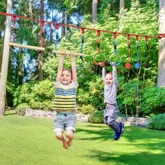 Outsunny Ninja Slackline komplekt 10m köis ronimistakistustega, ahvisõlmedega, võimlemisrõngastega, 3-6 aastastele hind ja info | Vabaõhumängud | kaup24.ee