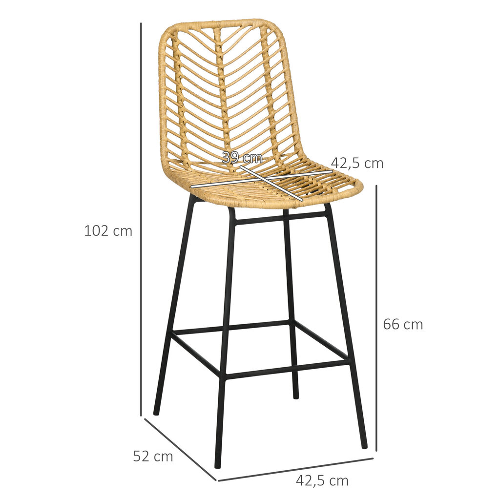 HOMCOM Baaritooli komplekt 2, baaritooli roti välimusega, baaritooli seljatoega, köögitooli boho disainiga, baaritoolid, köök, teras, kollane hind ja info | Söögitoolid, baaritoolid | kaup24.ee