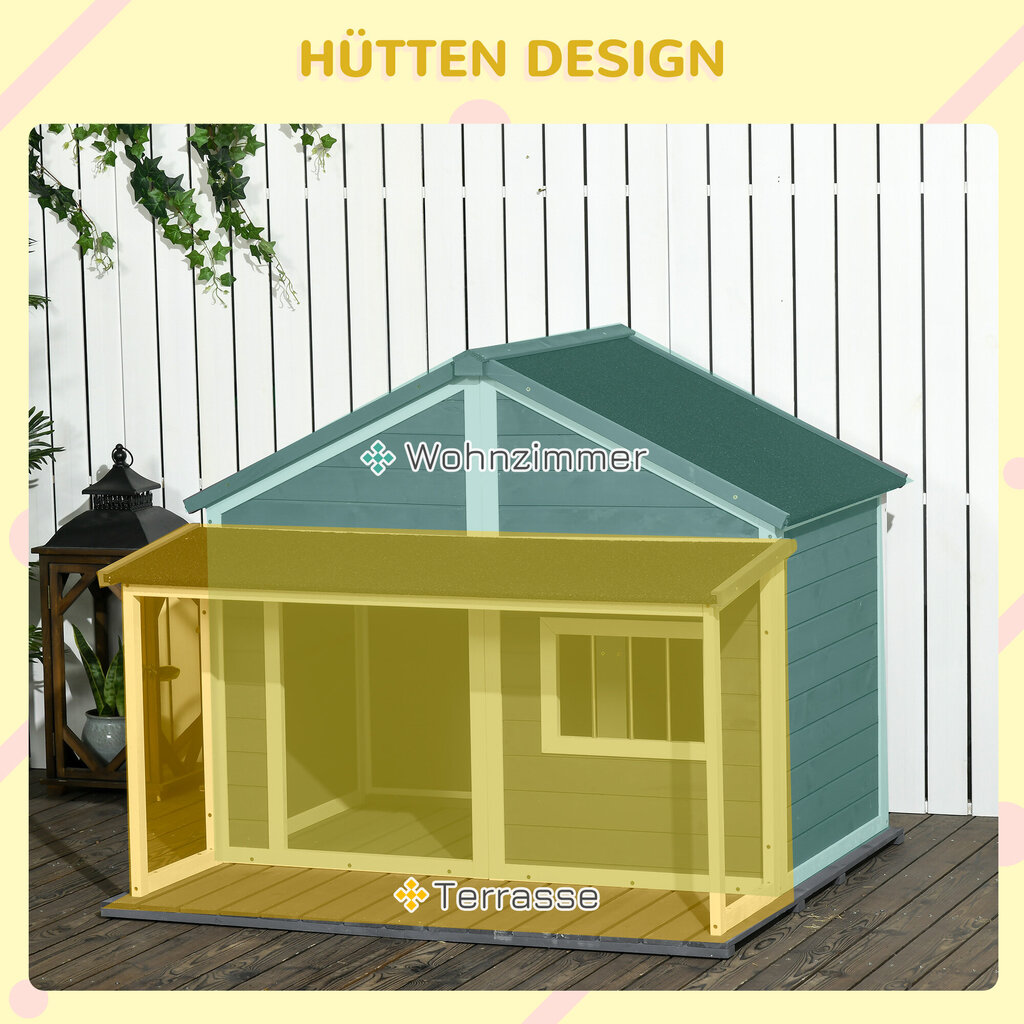 PawHut täispuidust koerte kennel väike loomamaja koeramaja terrassiga asfaltkattega väljas ilmastikukindel kennel õues halli 124 x 112 x 105 cm hind ja info | Pesad, kuudid | kaup24.ee