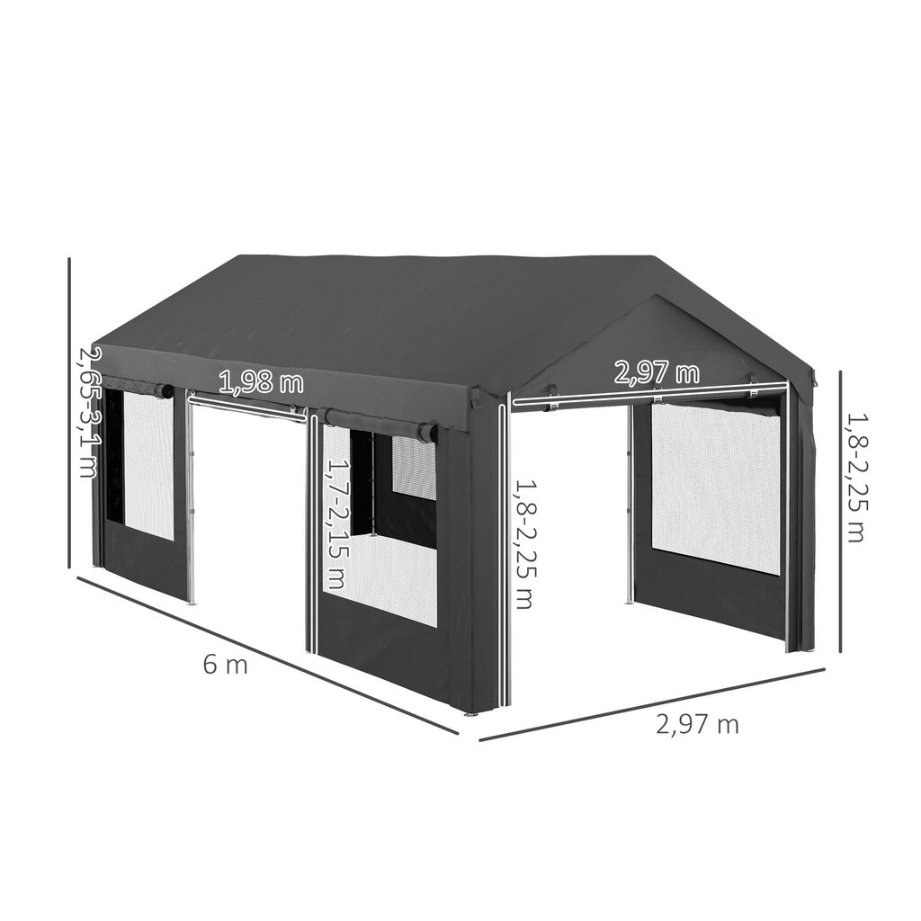 Outsunny autovarjualune, ca 6 x 3 m suurune peotelk, reguleeritava kõrgusega autogaraaž, autovarjualune 4 võrguaknaga, 4 uksega, autole, veoautole, teras, tumehall цена и информация | Varikatused ja aiapaviljonid | kaup24.ee