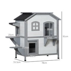 PawHut puidust kassimaja, trepiga välikassimajake, 2 korrust, väike loomamaja kuni 4,5 kg kaaluvatele kassidele, valge, 78 x 55,5 x 91 cm hind ja info | Pesad, kuudid | kaup24.ee