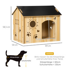 PawHut puidust koerte kennel väike loomamaja ventilatsiooniavadega koeramaja katusega koerakoobas siseruumides MDF tamm + must 69 x 50 x 58,5 cm hind ja info | Pesad, kuudid | kaup24.ee