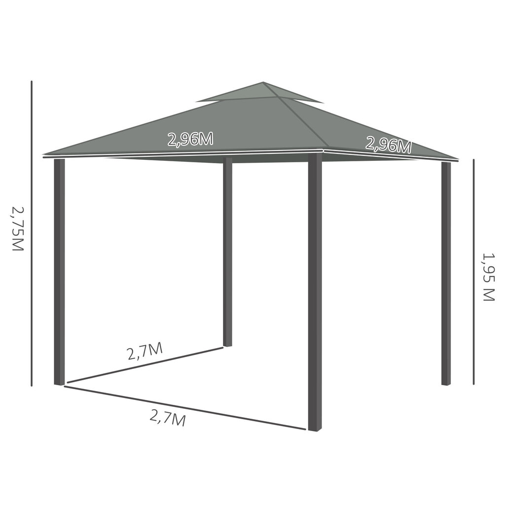 Outsunny aiamaja paviljon gazebo 2,96 x 2,96 m aiamaja telk kahekordse katusega peotelk 4 x külgpaneeliga sääsevõrk alumiinium polüestrist hind ja info | Varikatused ja aiapaviljonid | kaup24.ee