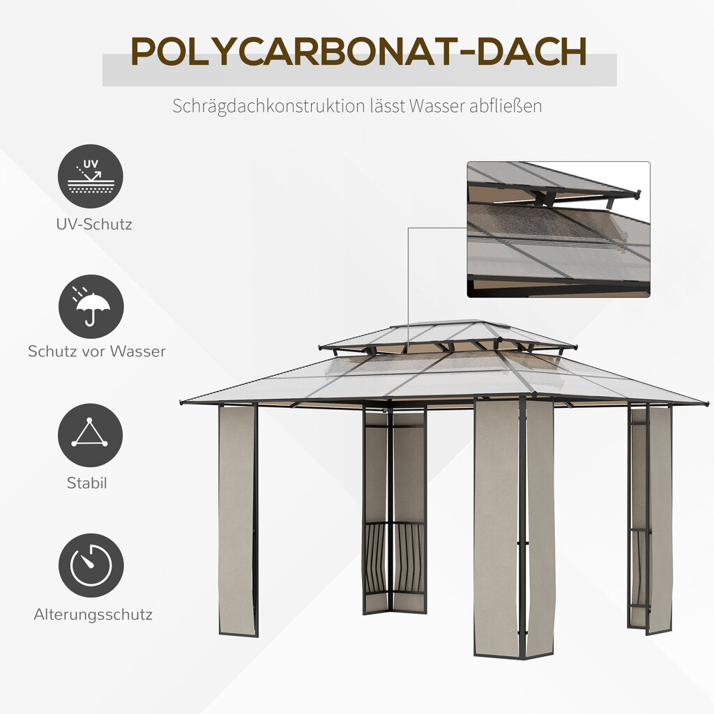 Outsunny aiapaviljon päikesekattega Robustne paviljon, valmistatud polükarbonaatplaadist, UV-kaitsega, vetthülgav, pruun+valgushall, 3,65x3x2,75m hind ja info | Varikatused ja aiapaviljonid | kaup24.ee