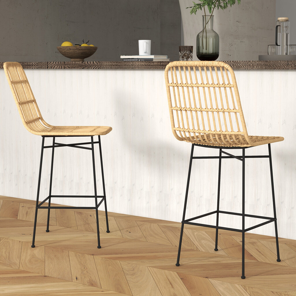 HOMCOM baaritooli 2 baaritoolist komplekt counter stool seljatugi PE rotangist boho disain köögitooli terasest kollane hind ja info | Söögitoolid, baaritoolid | kaup24.ee