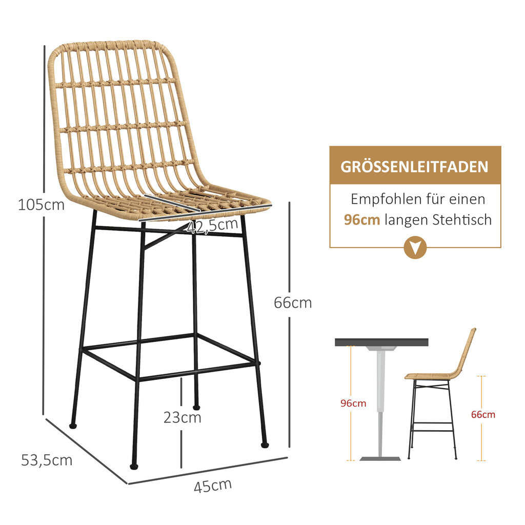 HOMCOM baaritooli 2 baaritoolist komplekt counter stool seljatugi PE rotangist boho disain köögitooli terasest kollane hind ja info | Söögitoolid, baaritoolid | kaup24.ee