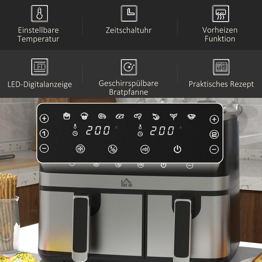 HOMCOM Kuumad õhufritüür 8.5L topeltkambriga 8in1 retsept Airfryer Anti-kleepuv kate Puuteekraan Smart Timer ilma õlita Must hind ja info | Fritüürid, kuumaõhufritüürid | kaup24.ee