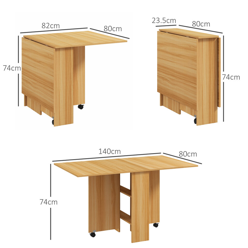 HOMCOM kokkupandav söögilaud mobiilne köögilaud koos riiulitega kokkupandav laud ratastega laua kõrvallaud väikestesse ruumidesse teak 140 x 80 x 74 cm hind ja info | Köögi- ja söögilauad | kaup24.ee