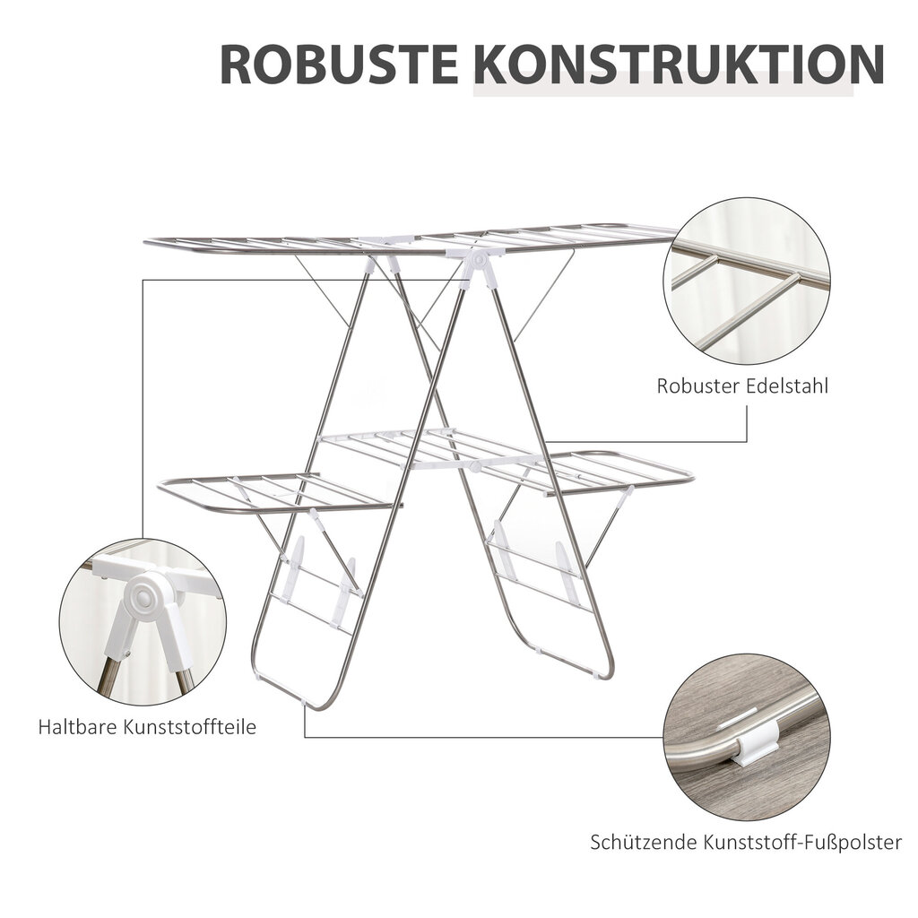 HOMCOM Pesumasinate riietusriba kokkupandav 3-astmeline tiibkuivati Kuivatusriba Kuivatusriba Roostevaba teras Plastik Hõbedane Valge 138 x 60,5 x 112 cm цена и информация | Pesukuivatusrestid ja aksessuaarid | kaup24.ee