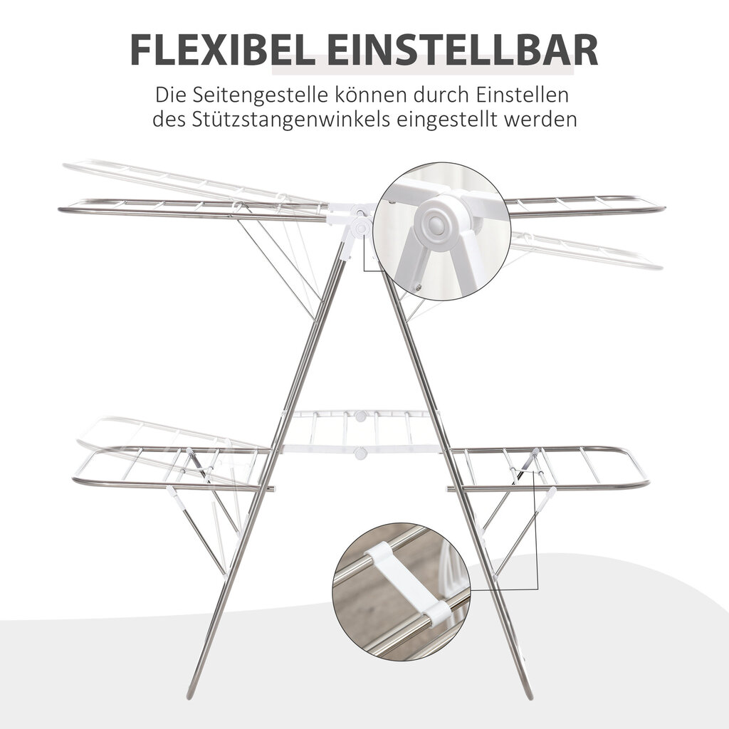 HOMCOM Pesumasinate riietusriba kokkupandav 3-astmeline tiibkuivati Kuivatusriba Kuivatusriba Roostevaba teras Plastik Hõbedane Valge 138 x 60,5 x 112 cm цена и информация | Pesukuivatusrestid ja aksessuaarid | kaup24.ee