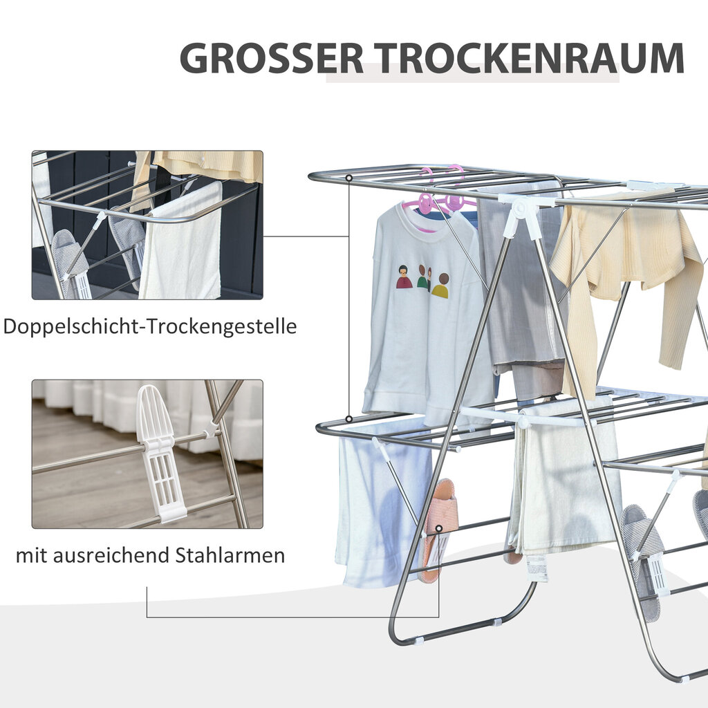 HOMCOM Pesumasinate riietusriba kokkupandav 3-astmeline tiibkuivati Kuivatusriba Kuivatusriba Roostevaba teras Plastik Hõbedane Valge 138 x 60,5 x 112 cm цена и информация | Pesukuivatusrestid ja aksessuaarid | kaup24.ee