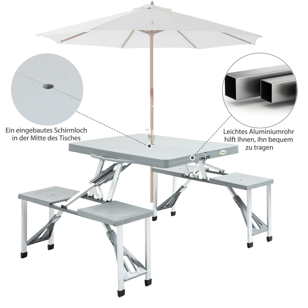 Outsunny® matkalauakomplekt piknikulaua istumisrühm kokkupandav laud 4 tooliga alumiinium 135 x 82 x 66 cm цена и информация | Matkamööbel | kaup24.ee