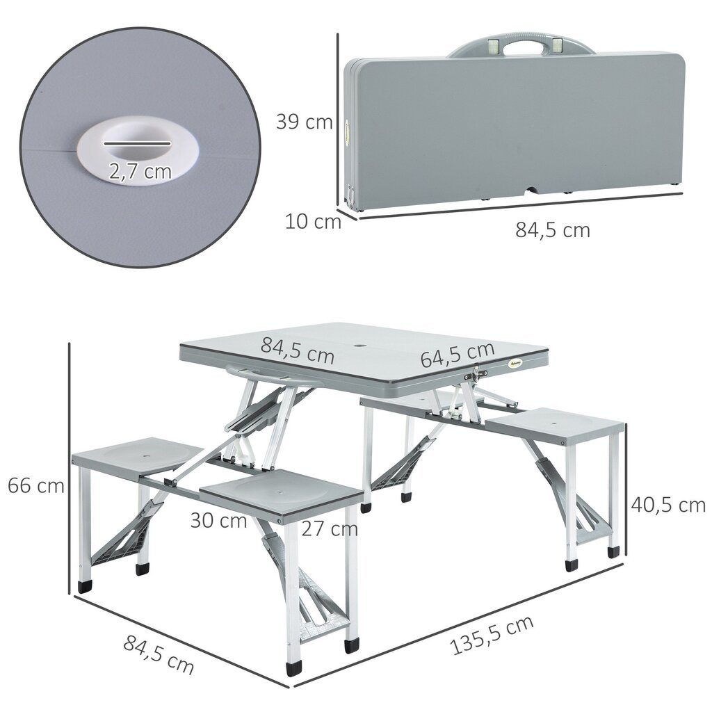 Outsunny® matkalauakomplekt piknikulaua istumisrühm kokkupandav laud 4 tooliga alumiinium 135 x 82 x 66 cm цена и информация | Matkamööbel | kaup24.ee