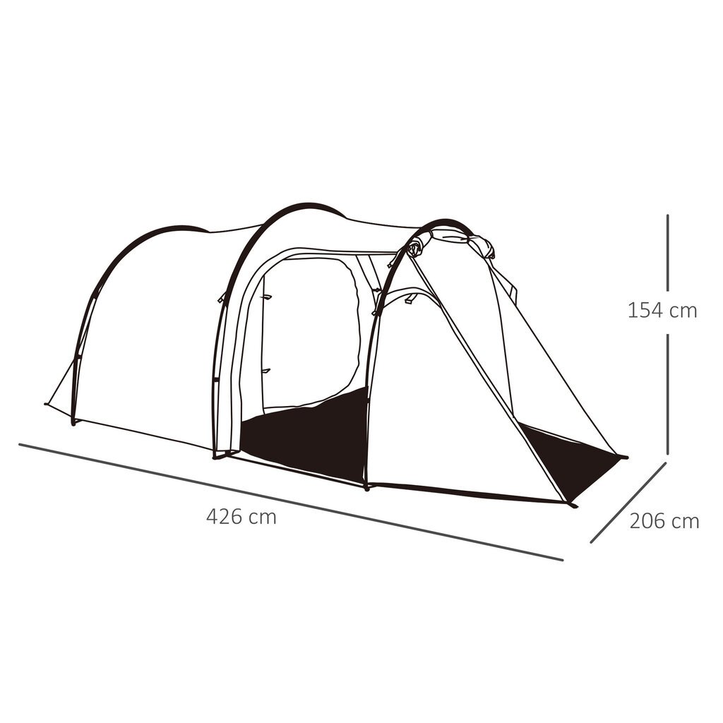 Outsunny tunnel telk 2-3-le inimesele 190T telk kämpingutega, klaaskiust ja polüestrist, tumeroheline, 426x206x154cm hind ja info | Telgid | kaup24.ee