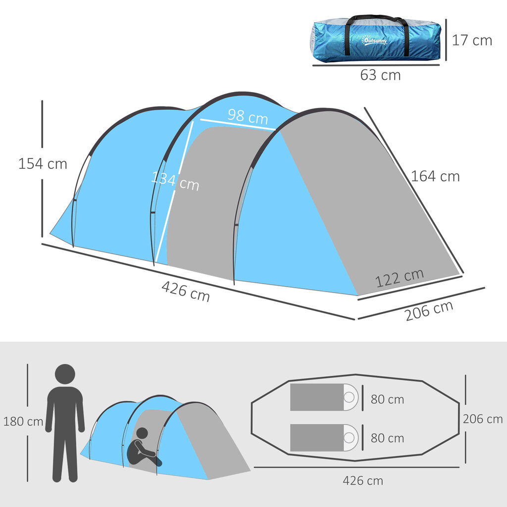 Outsunny tunnel telk 2-3-le inimesele 190T telk kämpingutega, klaaskiust ja polüestrist, helesinine, 426x206x154cm цена и информация | Telgid | kaup24.ee