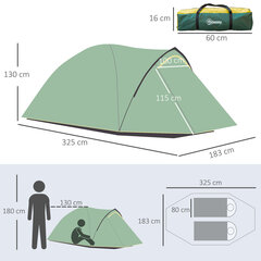 Outsunny kuppel telk 2-3 inimest 190T klaaskiust polüester roheline+kollane 325x183x130cm klambritega hind ja info | Muu matkavarustus | kaup24.ee