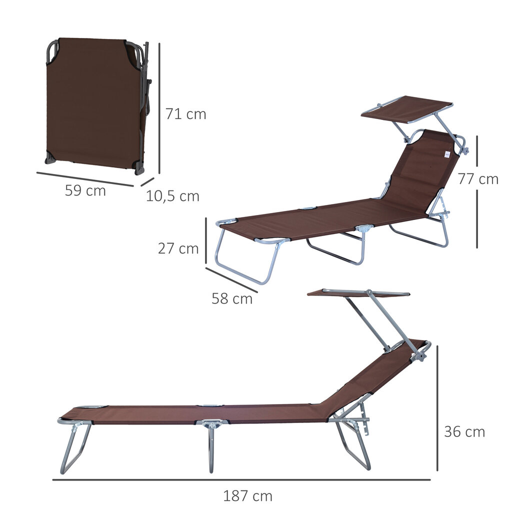 Outsunny päikesevoodi aias lamamistool kokkupandav päikesekaitsega, pruun, 187x58x36 cm hind ja info | Päevitustoolid | kaup24.ee