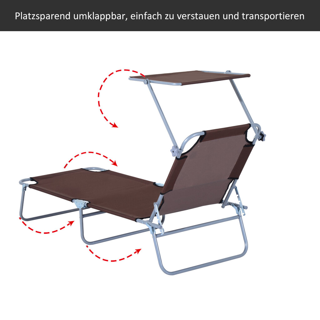 Outsunny päikesevoodi aias lamamistool kokkupandav päikesekaitsega, pruun, 187x58x36 cm hind ja info | Päevitustoolid | kaup24.ee