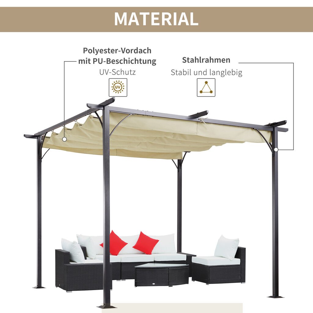 Outsunny Pergola Veekindel lehtla 3 x 3 m terrassikatusega, lükandkattega, UV-kaitsega aeda Alumiinium Beež цена и информация | Telgid | kaup24.ee