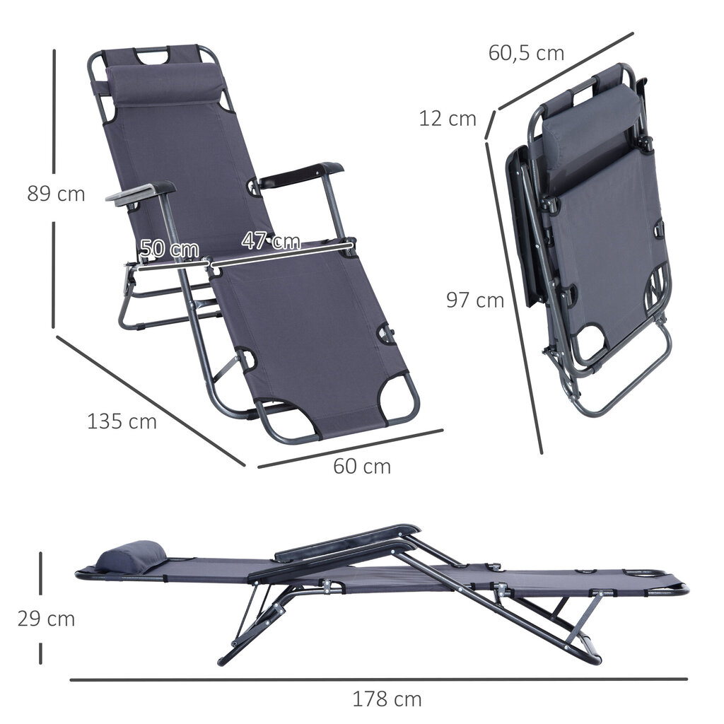 Outsunny päikesevoodi koos pehmendusega, kokkupandav rannapuhvet, 2-astmeline aiapuhvet, 2-in-1 lõõgastumislaud, metall + Oxfordi kangas, hall 135 x 60 x 89 cm hind ja info | Päevitustoolid | kaup24.ee