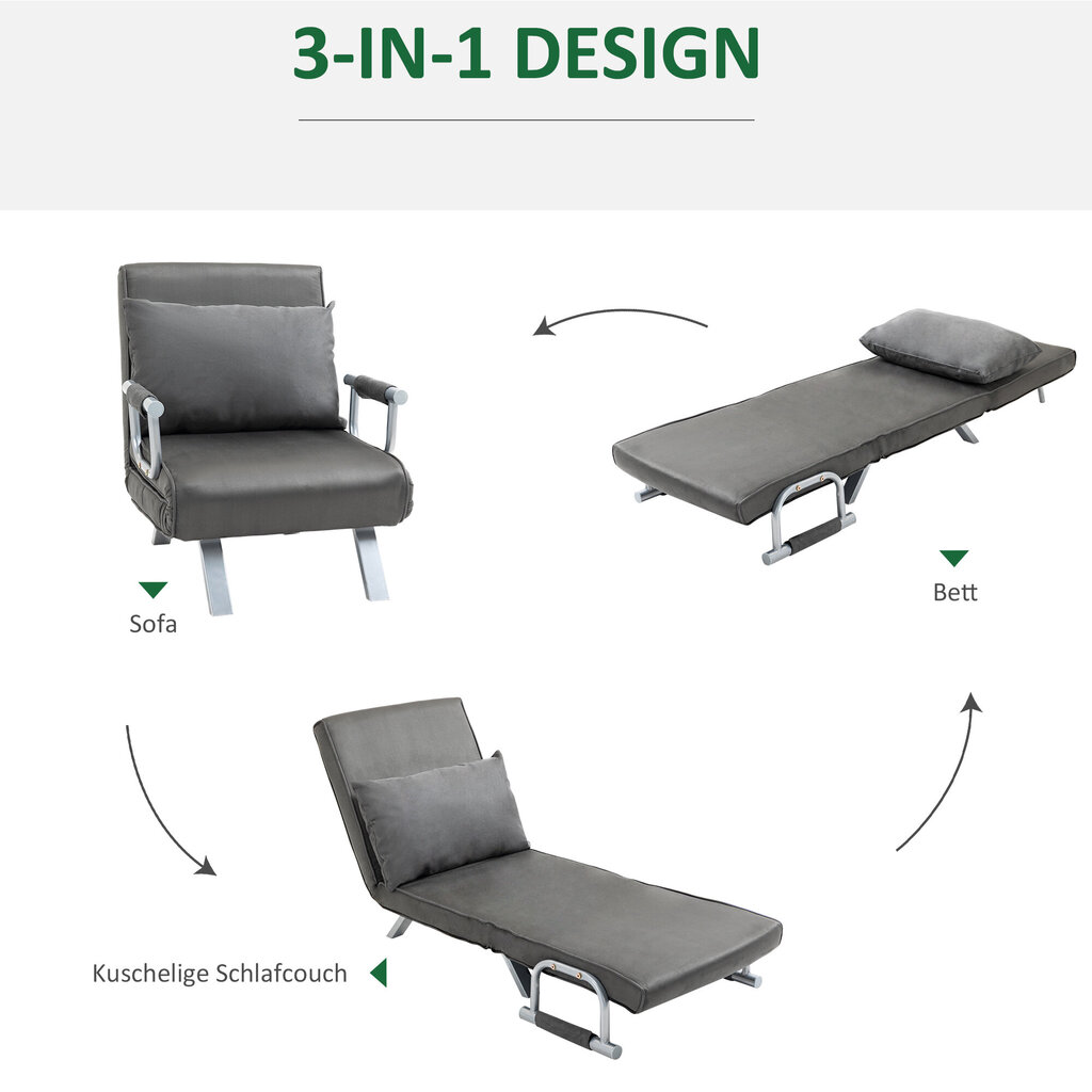 HOMCOM diivanvoodi käetugedega 65x69x80cm 3-in-1 diivanvoodi, külalisvoodi, kokkupandav madrats, chaise longue, kunstnahk, hall цена и информация | Tugitoolid ja tugitoolvoodid | kaup24.ee