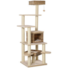 PawHut Rattan Scratching Tree Climbing Tree Cat with Cat Cave Multi-level Cat Tree E1 MDF Sisal Beige+Brown 55 x 55 x 174 см цена и информация | Когтеточки | kaup24.ee