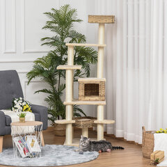 PawHut Rattan Scratching Tree Climbing Tree Cat with Cat Cave Multi-level Cat Tree E1 MDF Sisal Beige+Brown 55 x 55 x 174 см цена и информация | Когтеточки | kaup24.ee