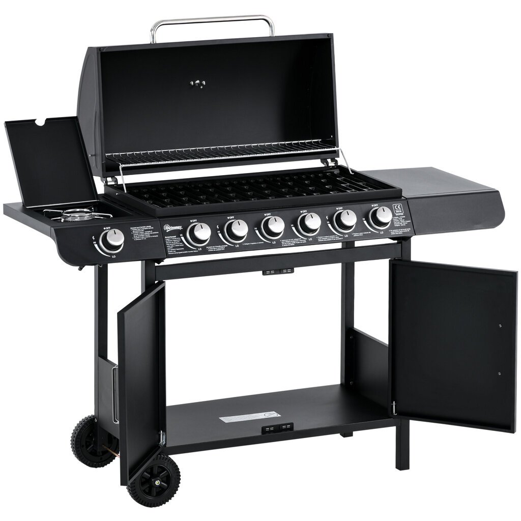 Outsunny gaasigrill BBQ grillkäru 6 põletiga 1 külgpõleti Kapp Multifunktsionaalne metall Must 135 x 50 x 100 cm hind ja info | Grillid | kaup24.ee