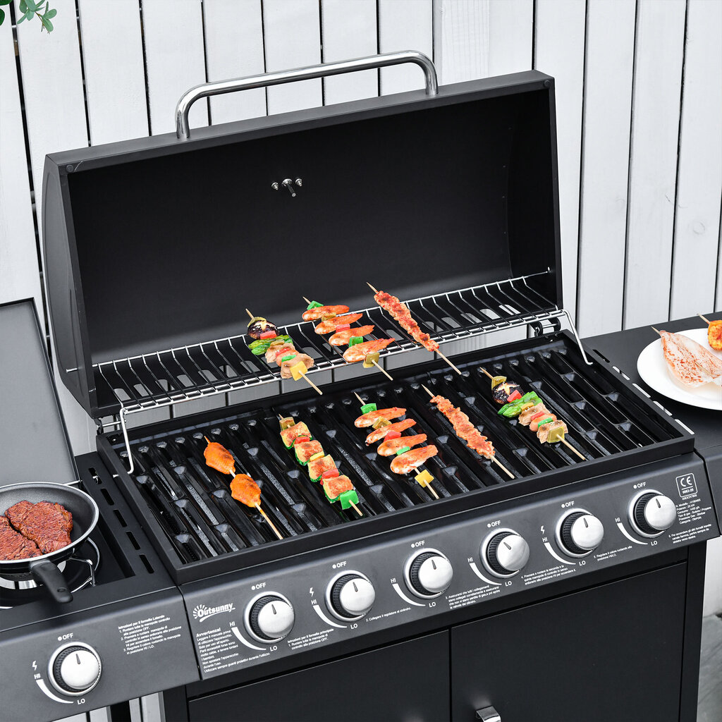 Outsunny gaasigrill BBQ grillkäru 6 põletiga 1 külgpõleti Kapp Multifunktsionaalne metall Must 135 x 50 x 100 cm hind ja info | Grillid | kaup24.ee