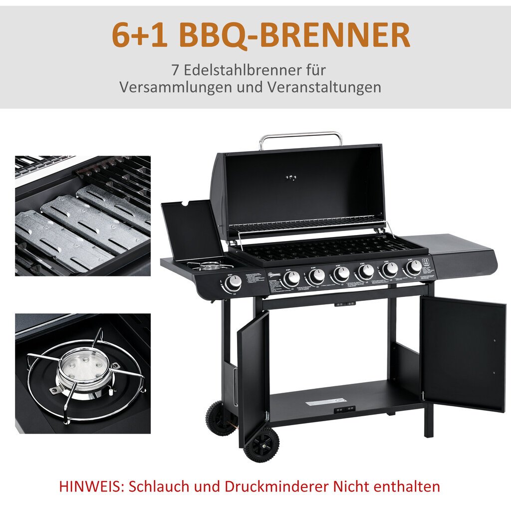 Outsunny gaasigrill BBQ grillkäru 6 põletiga 1 külgpõleti Kapp Multifunktsionaalne metall Must 135 x 50 x 100 cm hind ja info | Grillid | kaup24.ee