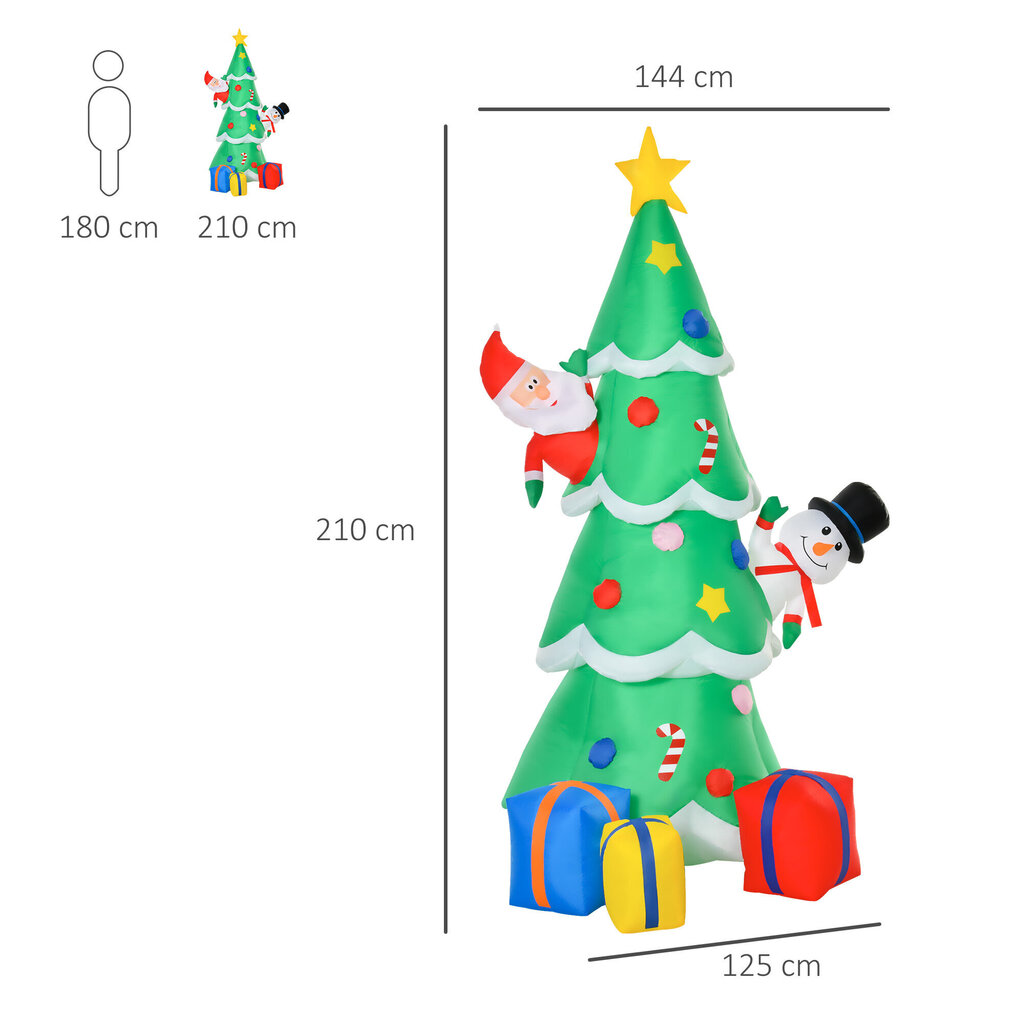 HOMCOM Täispuhutav jõulupuu koos jõuluvana lumemehega ja kingitusekarbiga 210 cm LED Isetõmbuv polüester roheline 144 x 125 x 210 cm hind ja info | Jõulukaunistused | kaup24.ee