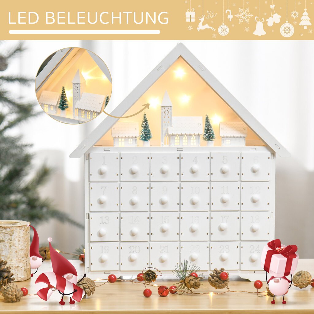 HOMCOM Advendikalender 24 sahtli täitmiseks Jõulukalender LED tuledega 2-in-1 disain jõulukaunistus Valge 39 x 9 x 42 cm hind ja info | Jõulukaunistused | kaup24.ee